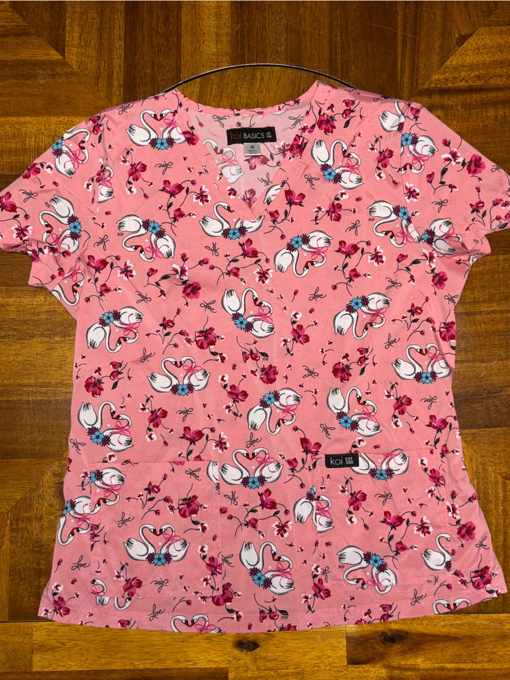 koi Pink Swan & Floral Short Sleeve Tee